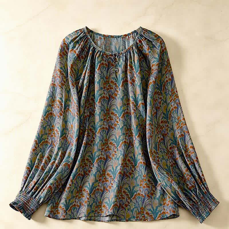 Buddha Stones Camisas de manga larga para mujer con estampado floral vintage de otoño - Verde azulado - US8-10, UK/AU12-14, EU40-42 (2XL) - image 0