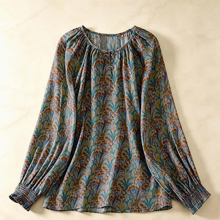 Buddha Stones Camisas de manga larga para mujer con estampado floral vintage de otoño - Verde azulado - US8-10, UK/AU12-14, EU40-42 (2XL) - image 0