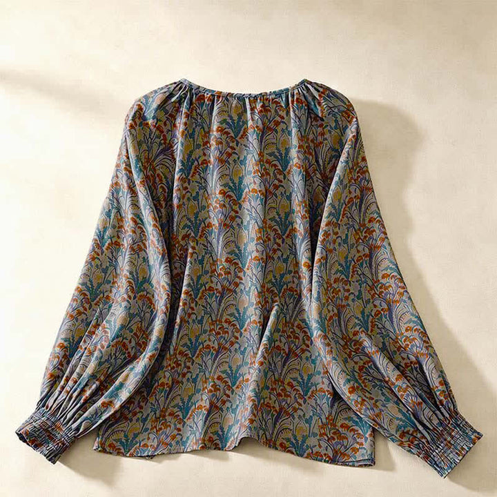 Buddha Stones Camisas de manga larga para mujer con estampado floral vintage de otoño - image 1