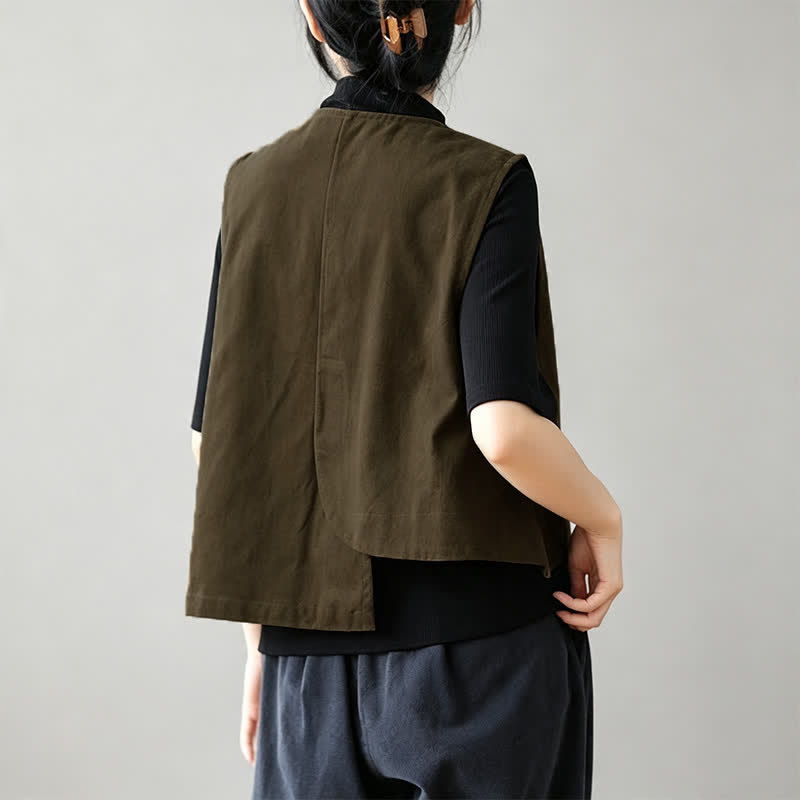 Buddha Stones Camiseta sin mangas minimalista de estilo veraniego Tang con botones y bolsillo. - image 1