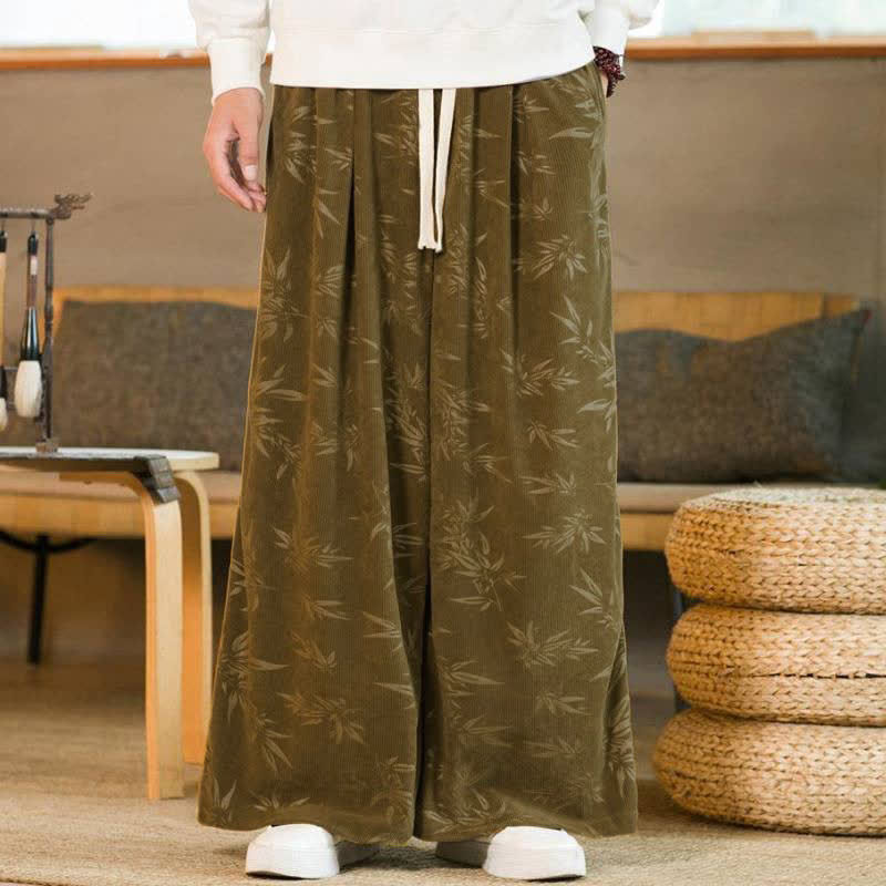 Buddha Stones Pantalones tobilleros casuales vintage de otoño/invierno con cordón y estampado de hojas de bambú para hombre, de pierna recta y con bolsillo. - image 1