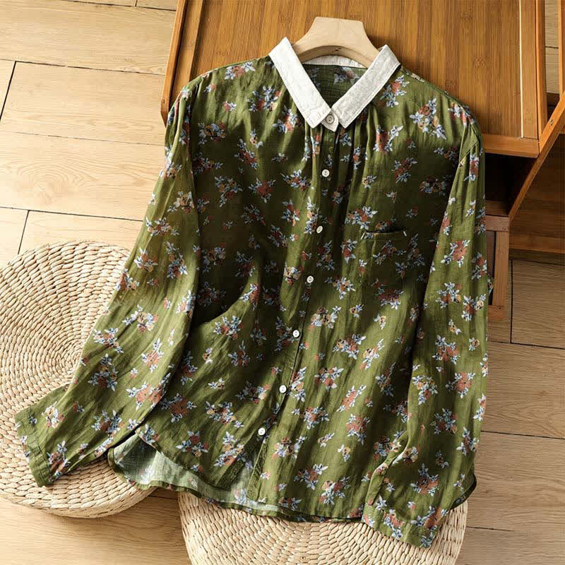 Buddha Stones Camisas de manga larga para mujer con botones y estampado floral estilo vintage para primavera/verano, con bolsillo. - Verde oliva - US8-10, UK/AU12-14, EU40-42 (2XL) - image 7