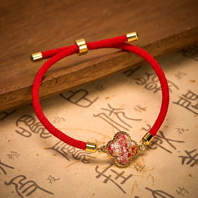 Buddha Stones Pulsera de la suerte con brocado de trébol de cuatro hojas y canción de hilo rojo - image 3