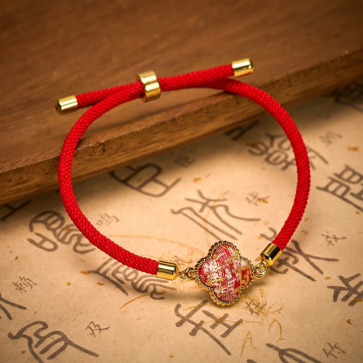 Buddha Stones Pulsera de la suerte con brocado de trébol de cuatro hojas y canción de hilo rojo - image 3