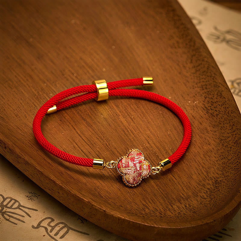 Buddha Stones Pulsera de la suerte con brocado de trébol de cuatro hojas y canción de hilo rojo - image 1
