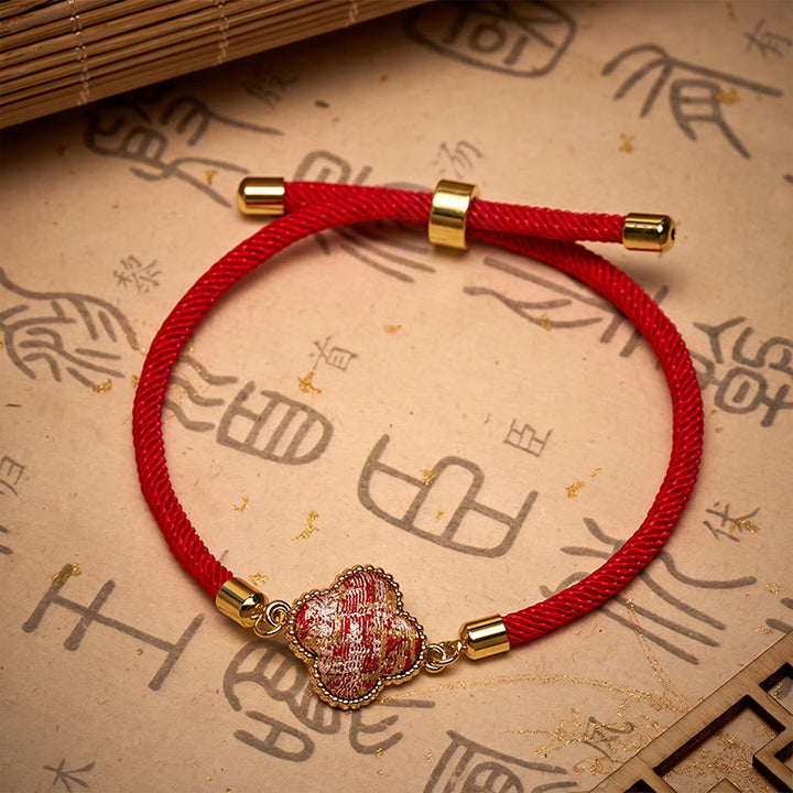 Buddha Stones Pulsera de la suerte con brocado de trébol de cuatro hojas y canción de hilo rojo - image 2