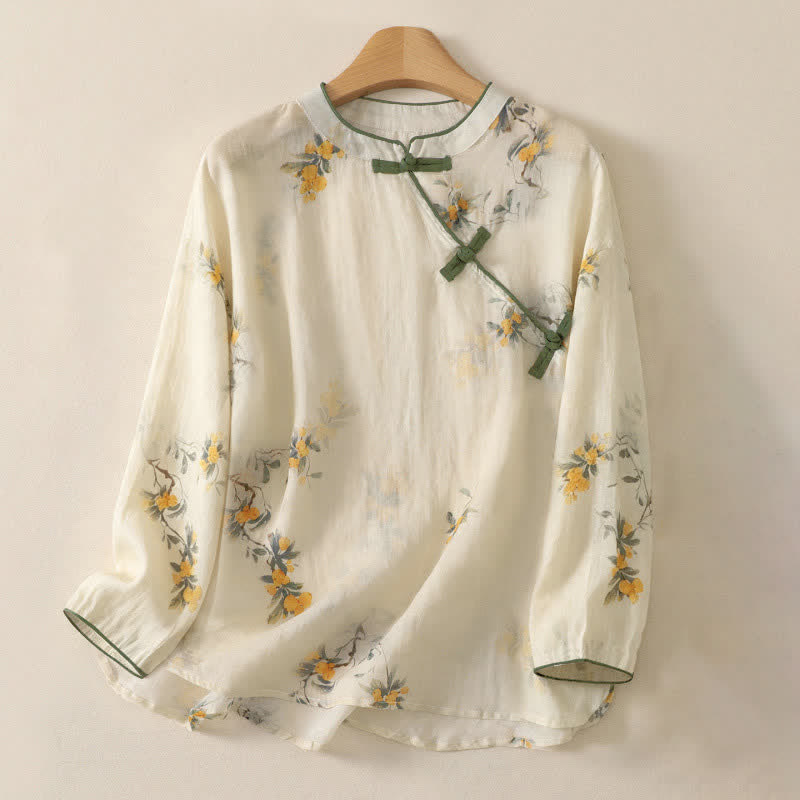 Buddha Stones Camiseta sin mangas para mujer estilo Summer Tang Vintage Frog Button Orchid Floral - Beige - Manga larga - US12, UK/AU16, EU44 (2XL) - image 49