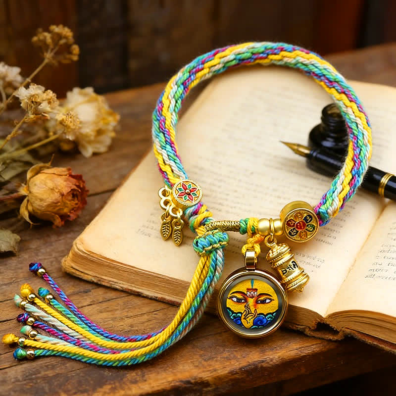 Buddha Stones Pulsera de acero de titanio tibetano con el símbolo Om Mani Padme Hum para fortalecer el cuerpo. - Verde amarillo - image 0