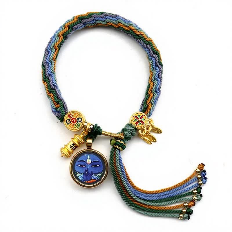 Buddha Stones Pulsera de acero de titanio tibetano con el símbolo Om Mani Padme Hum para fortalecer el cuerpo. - Azul amarillo - image 3