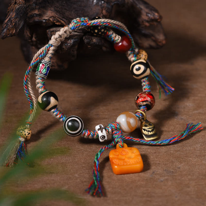 Buddha Stones Pulsera tibetana de cuentas Dzi, hueso trenzado, hilo multicolor, bendiciones - image 3