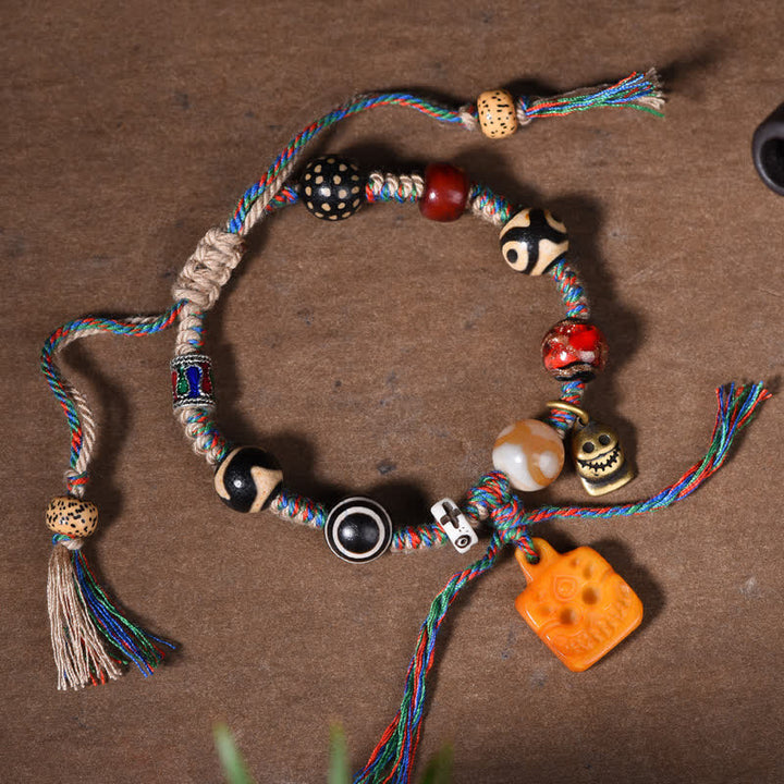 Buddha Stones Pulsera tibetana de cuentas Dzi, hueso trenzado, hilo multicolor, bendiciones - Cuenta Dzi (Riqueza ♥ Suerte) - image 0
