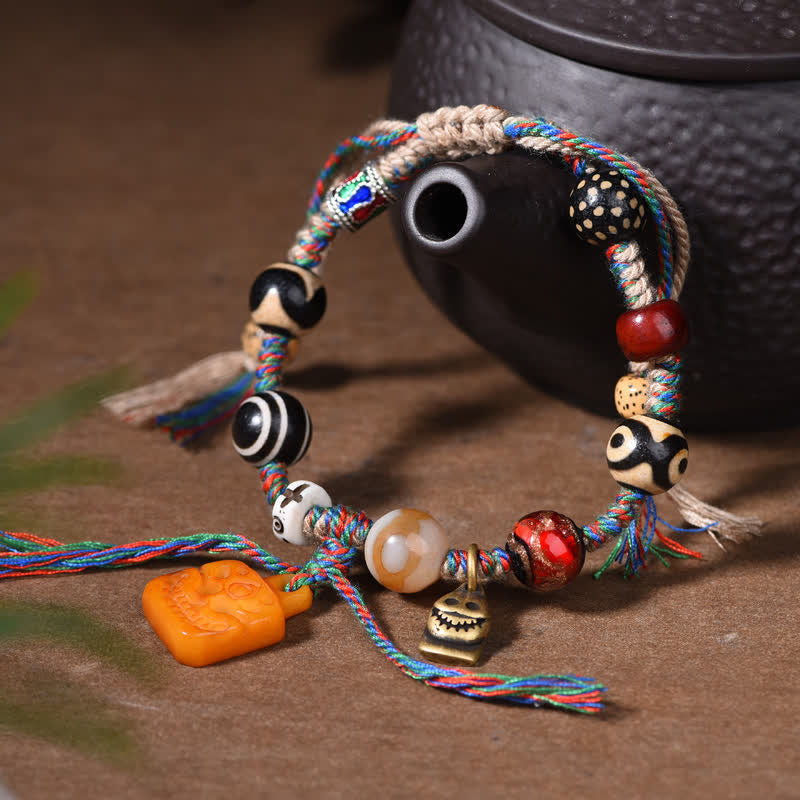 Buddha Stones Pulsera tibetana de cuentas Dzi, hueso trenzado, hilo multicolor, bendiciones - image 2