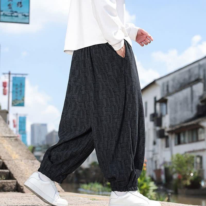Buddha Stones Pantalones tobilleros geométricos vintage con cordón ajustable para hombre, estilo harem, con bolsillo, ideales para otoño e invierno. - image 1