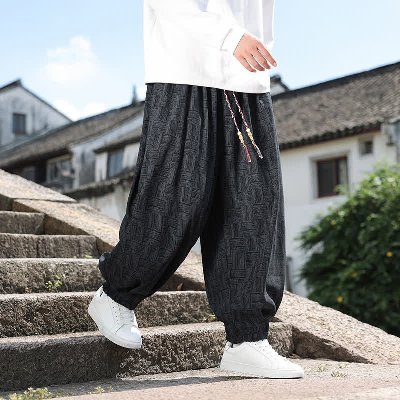 Buddha Stones Pantalones tobilleros geométricos vintage con cordón ajustable para hombre, estilo harem, con bolsillo, ideales para otoño e invierno. - Negro - US/UK/AU54, EU64 (9XL) - image 0