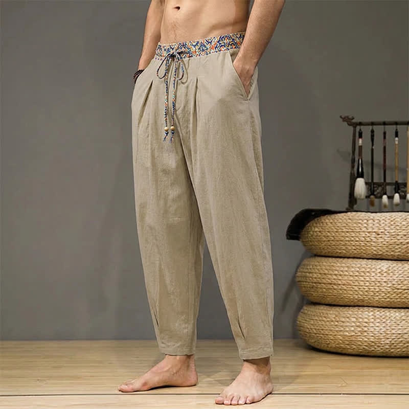 Buddha Stones Pantalones largos casuales de primavera/verano estilo boho con cordón ajustable, cintura elástica y diseño geométrico. Pantalones ajustados para hombre con bolsillos. - image 1