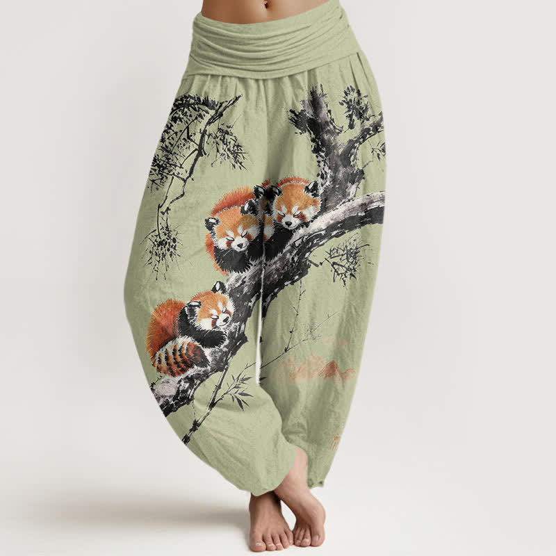 Buddha Stones Pantalones harem de mujer con cintura elástica y estampado de panda rojo y bambú, de algodón y tinta. - Verde pálido - US16，UK/AU20，EU48 (3XL) - image 5