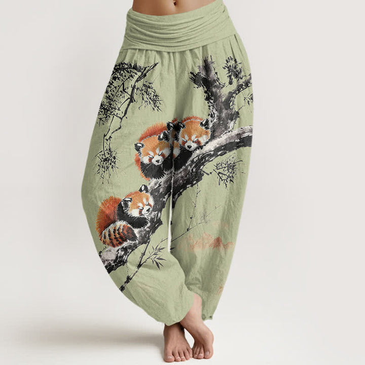 Buddha Stones Pantalones harem de mujer con cintura elástica y estampado de panda rojo y bambú, de algodón y tinta. - Verde pálido - US16，UK/AU20，EU48 (3XL) - image 5