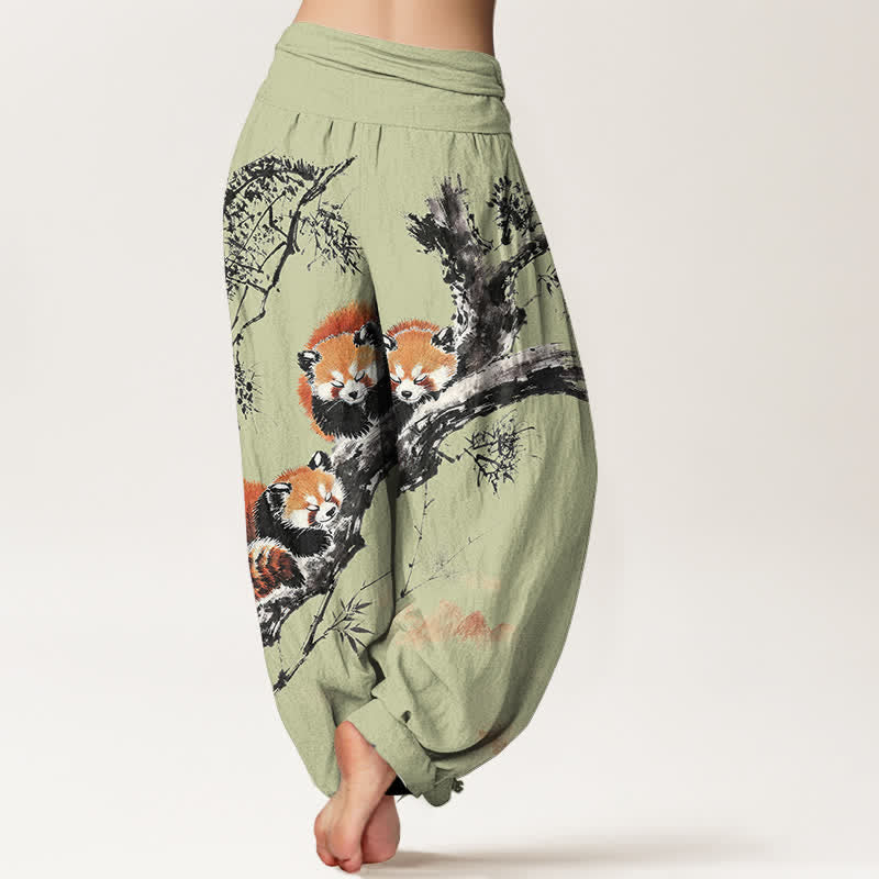Buddha Stones Pantalones harem de mujer con cintura elástica y estampado de panda rojo y bambú, de algodón y tinta. - image 7