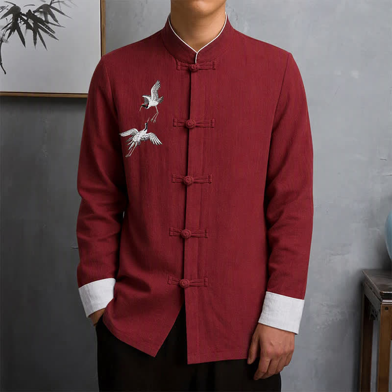 Buddha Stones Camisas de manga larga para hombre estilo vintage Tang con botones de rana y bordado de grulla, ideales para primavera y otoño. - image 1
