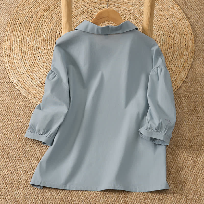 Buddha Stones Camisas de manga hasta el codo para mujer, estilo vintage de verano, con bordado de flores y botones de rana. - image 1
