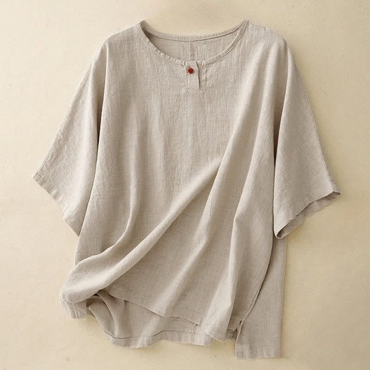 Camiseta informal de manga corta con cuello redondo y diseño holgado para mujer con estampado de Buddha Stones. - Lino - US14，UK/AU18，EU46 (2XL) - image 0