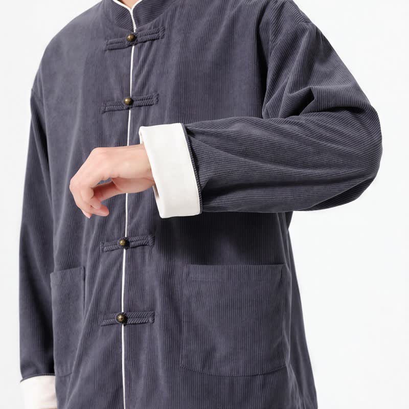 Chaquetas de hombre de pana lisa estilo Tang con botones de rana, estilo casual de otoño/invierno, con estampado de Buddha Stones y bolsillo. - image 5
