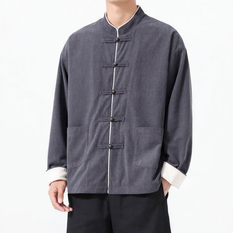 Chaquetas de hombre de pana lisa estilo Tang con botones de rana, estilo casual de otoño/invierno, con estampado de Buddha Stones y bolsillo. - image 1