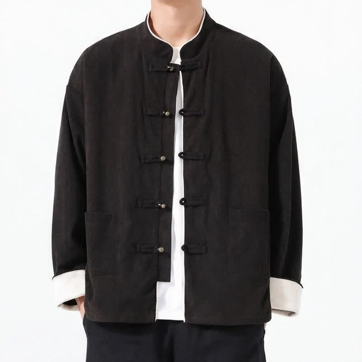 Chaquetas de hombre de pana lisa estilo Tang con botones de rana, estilo casual de otoño/invierno, con estampado de Buddha Stones y bolsillo. - Negro - US/UK/AU46, EU56 (5XL) - image 10