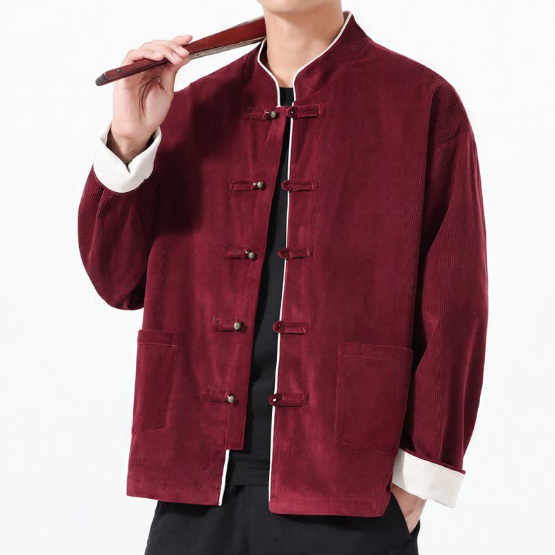 Chaquetas de hombre de pana lisa estilo Tang con botones de rana, estilo casual de otoño/invierno, con estampado de Buddha Stones y bolsillo. - image 9