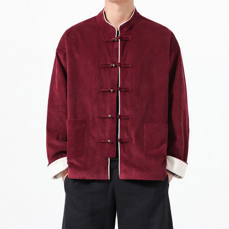 Chaquetas de hombre de pana lisa estilo Tang con botones de rana, estilo casual de otoño/invierno, con estampado de Buddha Stones y bolsillo. - image 7