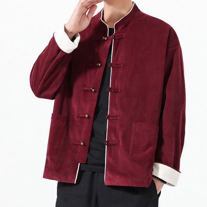 Chaquetas de hombre de pana lisa estilo Tang con botones de rana, estilo casual de otoño/invierno, con estampado de Buddha Stones y bolsillo. - image 8