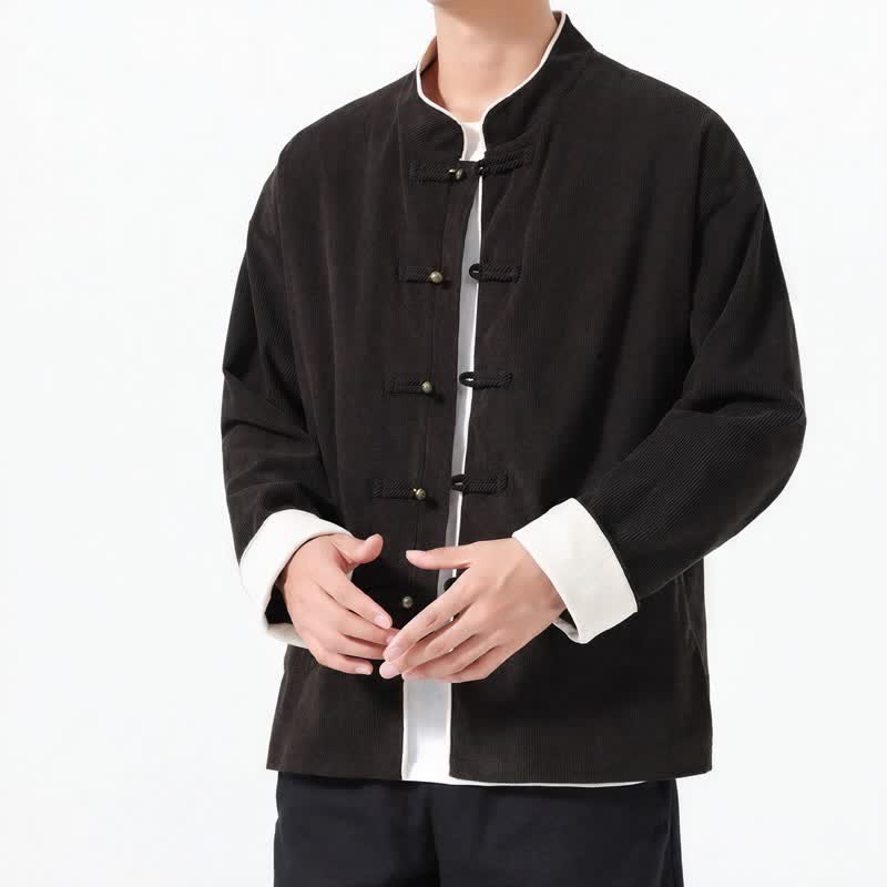 Chaquetas de hombre de pana lisa estilo Tang con botones de rana, estilo casual de otoño/invierno, con estampado de Buddha Stones y bolsillo. - image 12