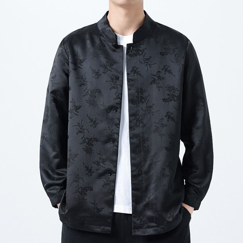 Camisas de manga larga para hombre con estampado floral, estilo Tang, elegantes, con cuello mandarín y bolsillo , de Buddha Stones , otoño/invierno. - Negro - US/UK/AU46, EU56 (5XL) - image 0