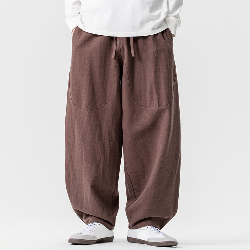 Buddha Stones Pantalones tobilleros de algodón liso con cordón ajustable para hombre, estilo harem, con bolsillos, ideales para primavera y verano. - Tierra de siena - US/UK/AU46, EU56 (5XL) - image 0