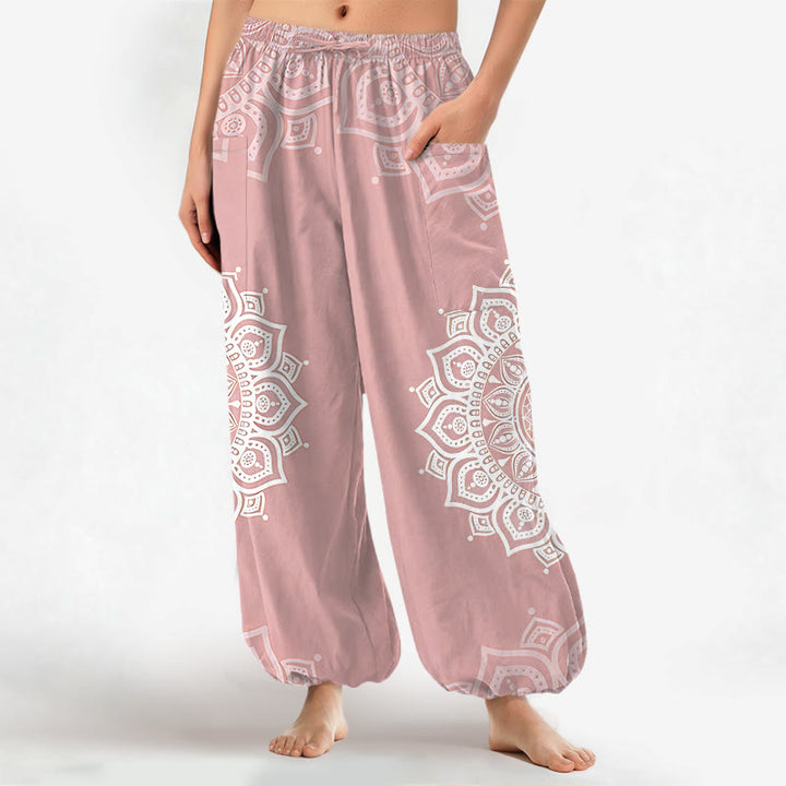 Buddha Stones Pantalones harem de algodón estilo boho con estampado de mandala blanco y cintura elástica para mujer, con bolsillos laterales. - rosa claro - US16，UK/AU20，EU48 (3XL) - image 0