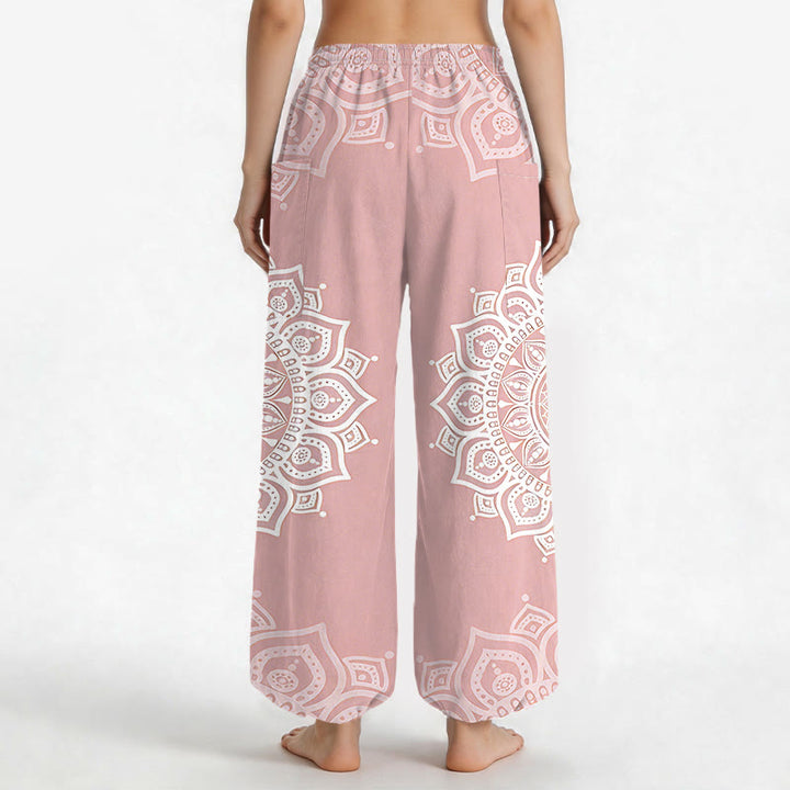 Buddha Stones Pantalones harem de algodón estilo boho con estampado de mandala blanco y cintura elástica para mujer, con bolsillos laterales. - image 2