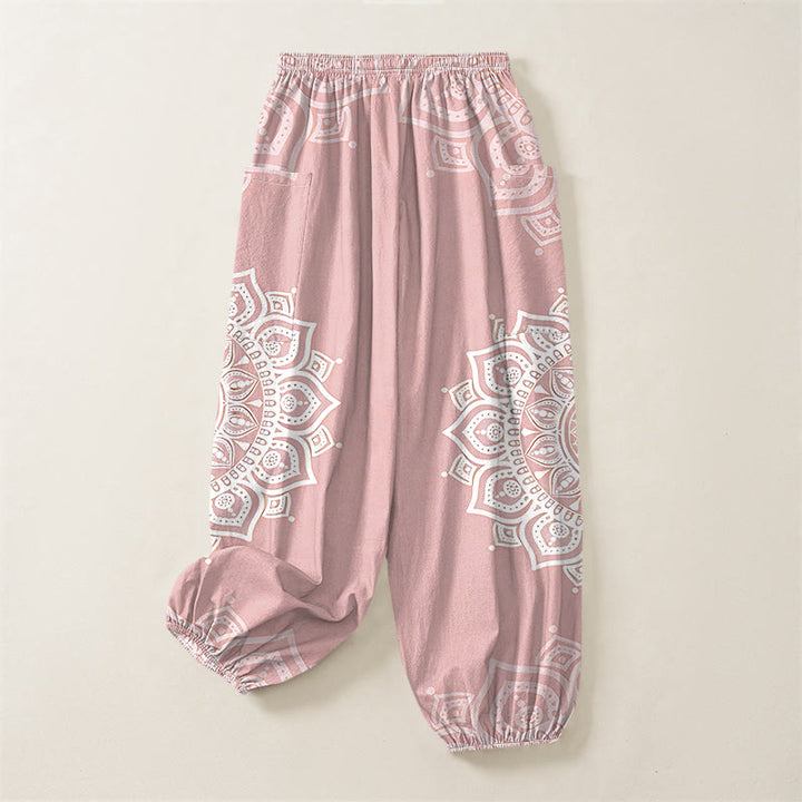 Buddha Stones Pantalones harem de algodón estilo boho con estampado de mandala blanco y cintura elástica para mujer, con bolsillos laterales. - image 3