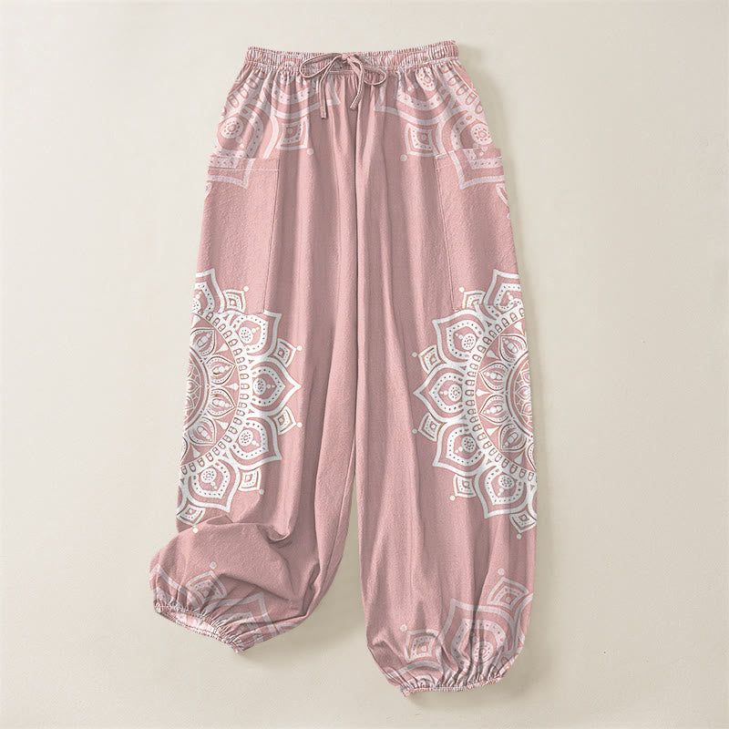 Buddha Stones Pantalones harem de algodón estilo boho con estampado de mandala blanco y cintura elástica para mujer, con bolsillos laterales. - image 6