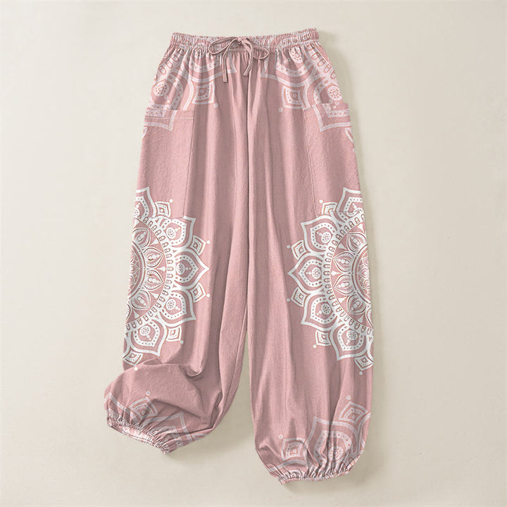 Buddha Stones Pantalones harem de algodón estilo boho con estampado de mandala blanco y cintura elástica para mujer, con bolsillos laterales. - image 6