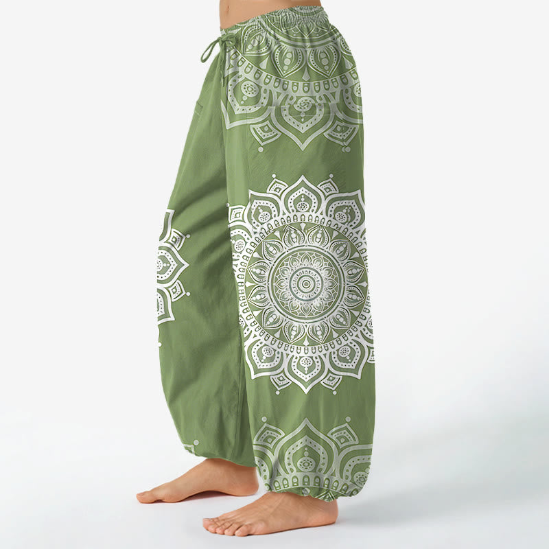 Buddha Stones Pantalones harem de algodón estilo boho con estampado de mandala blanco y cintura elástica para mujer, con bolsillos laterales. - image 8