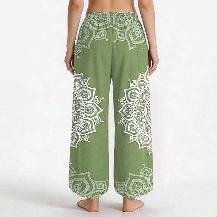 Buddha Stones Pantalones harem de algodón estilo boho con estampado de mandala blanco y cintura elástica para mujer, con bolsillos laterales. - image 9
