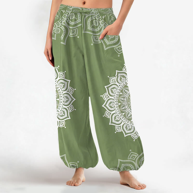 Buddha Stones Pantalones harem de algodón estilo boho con estampado de mandala blanco y cintura elástica para mujer, con bolsillos laterales. - Verde mar oscuro - US16，UK/AU20，EU48 (3XL) - image 7