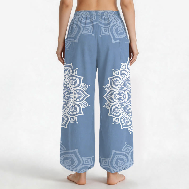 Buddha Stones Pantalones harem de algodón estilo boho con estampado de mandala blanco y cintura elástica para mujer, con bolsillos laterales. - image 12