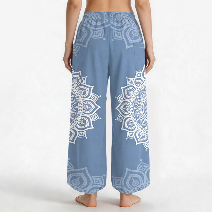 Buddha Stones Pantalones harem de algodón estilo boho con estampado de mandala blanco y cintura elástica para mujer, con bolsillos laterales. - image 12