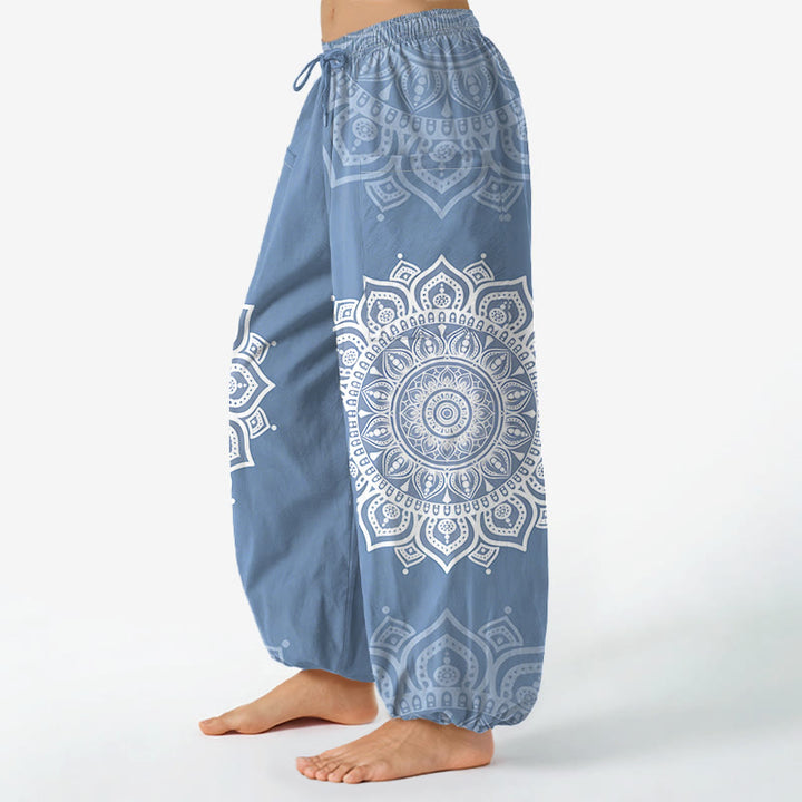 Buddha Stones Pantalones harem de algodón estilo boho con estampado de mandala blanco y cintura elástica para mujer, con bolsillos laterales. - image 11
