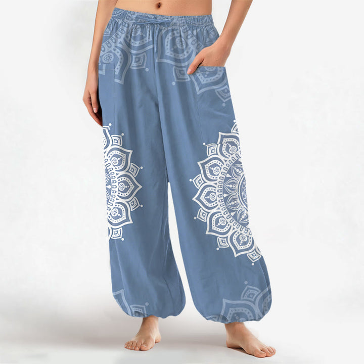 Buddha Stones Pantalones harem de algodón estilo boho con estampado de mandala blanco y cintura elástica para mujer, con bolsillos laterales. - Azul acero claro - US16，UK/AU20，EU48 (3XL) - image 10