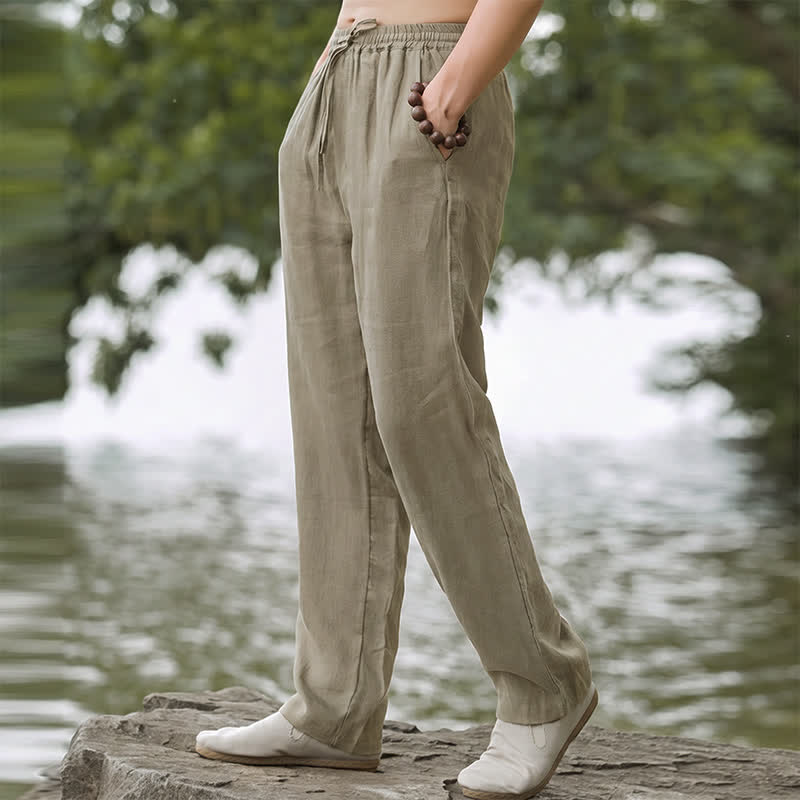 Buddha Stones Pantalones largos lisos casuales de otoño con cordón ajustable para hombre, pierna recta y bolsillo. - image 1
