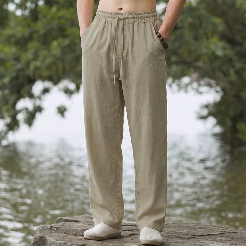 Buddha Stones Pantalones largos lisos casuales de otoño con cordón ajustable para hombre, pierna recta y bolsillo. - Broncearse - US/UK/AU42, EU52 (3XL) - image 0
