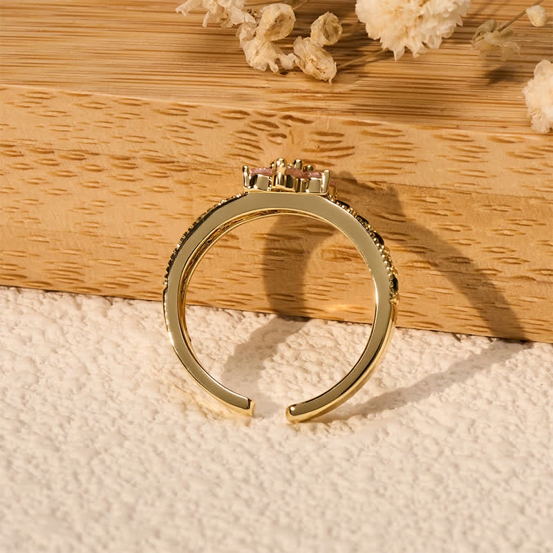 Buddha Stones Anillo abierto floral con incrustaciones de loto de cobre - image 4