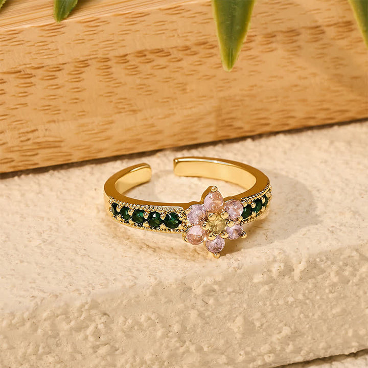 Buddha Stones Anillo abierto floral con incrustaciones de loto de cobre - image 3
